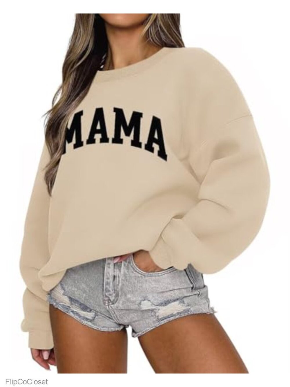 Oversized Mama Sweatshirt Long Sleeve Crewneck Cotton Polyester Pullover
